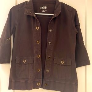 Style & Co cotton jacket shacket in brown with roll tab sleeves and gold details